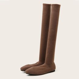 Boots Autumn Winter Brown Stretch Fabric Over The Knee Flat For Women Fashion Square Toe Slip On Shoes Booties Casual Size 35-39