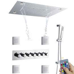 Thermostatic LED Shower Faucet System Chrome Polished 24 X 31 Inch Ceiling Waterfall Rainfall With Hand hold