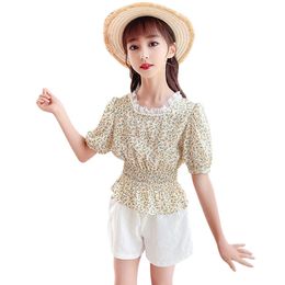 Children Summer Clothes Floral Tshirt + Short Teenage Girls Clothing Pearls Kids Big Children's 210528