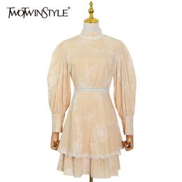 Temperament Print Dress For Women Stand Collar Long Sleeve High Waist Hollow Out Midi Dresses Female Summer 210520