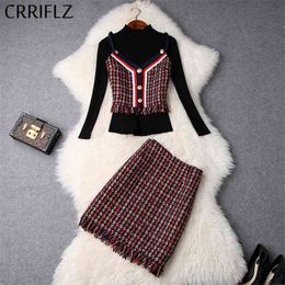 Winter Women Set Full Sleeve Turtleneck Pullover Tweed Buttons Plaid Camis Tassel Skirt 3 Piece Red Patry Dress 210520