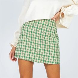 vintage tweed plaid skirts womens autumn winter high waist Chequered black mini office ladies bottoms 210427