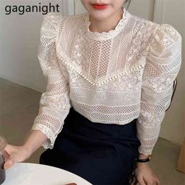 Elegant Lace Stand Collar Blouse Solid Shirt Sexy Hollow Out Floral Feminine Blouses Women Puff Long Sleeve Blusa Tops 210601