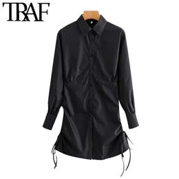 Women Fashion With Drawstring Tied Pleated Mini Shirt Dress Vintage Long Sleeve Button-up Female Dresses Vestidos 210507