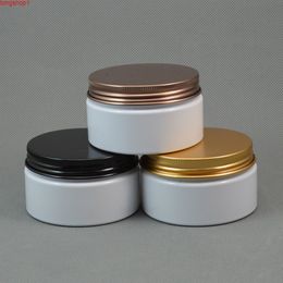 50pcs/lot 100ml White Plastic Cosmetic Jar Refillable Serum Bottle Black Gold Bronze Aluminium Lid 100g Thread Cream Containerhigh qty