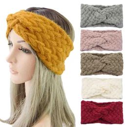 Women Plush Ear Warmer Knitted Headband Autumn Winter Wide Hairband Twist Cross Solid Color Crochet Headwrap Hair Accessories