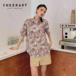 Tie Dye Summer Fashion Blouses Short Sleeve Shirts For Women Button Up Collared Designer Shirt Print Casual Top 210427