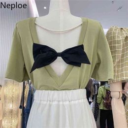 Neploe Woman Tshirts Summer Chic Tees Temperament Bow Beading Shirts Sexy Lady Korean Backless Loose White Tops Female 210422