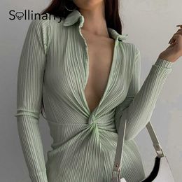 Sollinary Summer chest knotted ruched dress women High street long sleeves green A-Line dress Sexy V-neck mini dress 210709