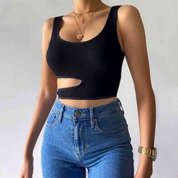 Lucyever Summer Slim Fit Knited Shirts Women Fashion Hollow Out Sleeveless O-neck Vest Woman Black Club Sexy Tops Mujer 210521