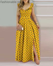 Women Summer Ruffles Polka Dot Print V Neck Lace-up Open Back Side Slit High Waist Maxi Dress Y0726