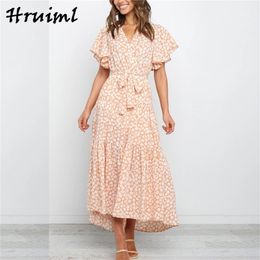 Arrival Womens Dresses Short-sleeved Strappy Floral Printing Mid-length Ruched Dress V Neck Casual Party Vestidos Largos 210513