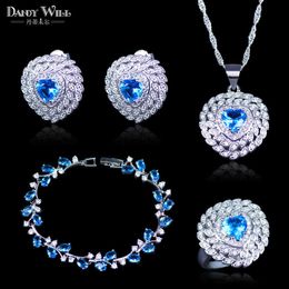 Silver Colour Costume Jewellery Fashion Light Blue CZ Crystal Pendant/Necklace/Earring/Ring/Bracelets Set For Women H1022