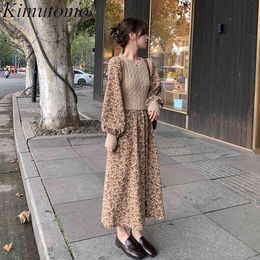 Kimutomo Women Vintage Floral Print Dress French Style O-neck Knitted Patchwork Slim Waist Long Sleeve Vestido Midi Elegante 210521