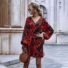 Autumn Winter Ladies Puff Sleeve Ruffle High Wasit Floral Print Dress Women New V-neck Lace Up Full Sleeve A-line Dress 210325