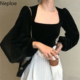 Neploe Retro Gold Velet Square Collar Puff Long Sleeve Short T Shirt Solid Slim Fit Temperament Autumn Spring New Tee 47618 210322
