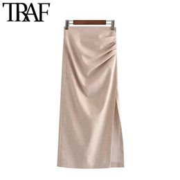 TRAF Women Chic Fashion With Draped Front Slit Linen Midi Skirt Vintage High Waist Back Zipper Female Skirts Mujer 210721