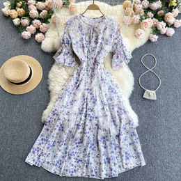 Summer Sweet Flower Printed Chiffon Dress Women Purple/Pink Ruffle Round Neck Flare Sleeve High Waist Floral Slim Vestidos 2021 Y0603