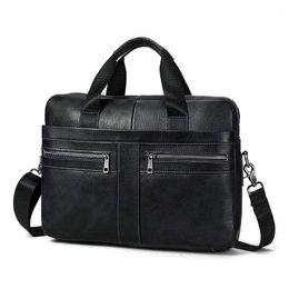 Inch Genuine Leather Handbag Briefcase Laptop Document Holder Men Business Women-Black