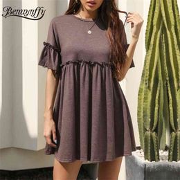 Crew Neck Frill Trim Solid Loose Dresses Women Summer Flare Short Sleeve Pleated Casual O-Neck Mini Dress Ladies 210510