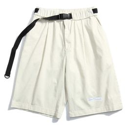 Streetwear Mens Shorts Summer Casual Cotton Mid-waist Knee Length Cargo Short Men Loose Shorts Korean Clothes Hombre With Belt 210527