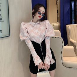 LLZACOOSH Korea Spring Autumn Women Pink White Jacquard Puff Sleeves Shirt Office Lady Blouse Female Casual Top 210514