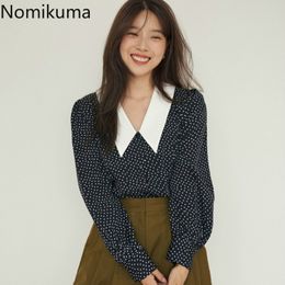 Nomikuma Korean Chic Vintage Shirts Women Contrast Color Turn Down Collar Long Sleeve Casual Dot Blouse Female Busas Mujer 3d522 210514