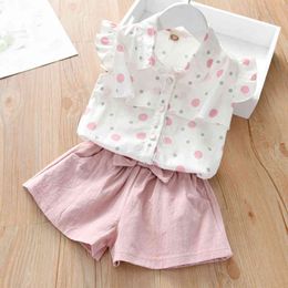 Roupas Meninas Moda Polka Dot Terno Verão Voos Sleeve Impresso Camisa + Shorts Two-Peça Roupa de Roupas Infantis 210515