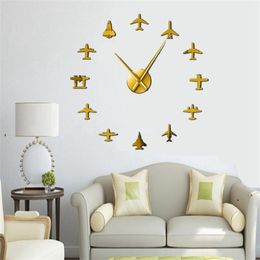 new Flying Plane Fighter Jet Modern Large Wall Clock DIY Acrylic Mirror Effect Sticker Airplane Silent Wall Clock Aviator Home Decor EWD6606