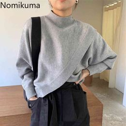Nomikuma Irregular Knitted Sweater Women Solid Colour Long Sleeve Half Turtleneck Pullover Jumpers Korean Style Pull Femme 3d948 210514