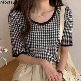 Vintage Houndstooth Knitted Pullover Tops Women Summer Short Sleeve O-neck Sweater Korean Fashion Ladies Jumpers Femme 210513