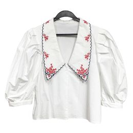 White Turn Down Collar Embroidery Shirt Puff Short Sleeve Button Blouse Summer Casual Loose Women B0825 210514