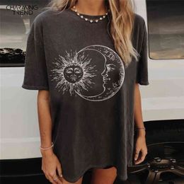 Women Fashion Casual Sun Moon Print Loose Short Sleeve Long T-shirt Ins Vintage Women Summer Oversize Tee Shirts Tops 210324