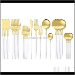 Sets Kitchen, Dining Bar Home & Garden Drop Delivery 2021 30Pcs White Gold Cutlery Knife Dessert Fork Spoon Dinner Tableware Stainless Steel