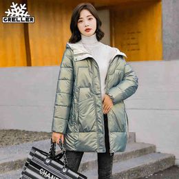 GRELLER Winter Thicken Women's Puffer Coat Glossy Warm Hooded Long Cotton Padded Jacket Ladies Winter Down Cotton Parkas 211221