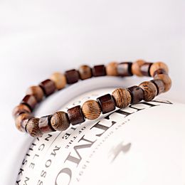 Ethnic 8mm Cylinder&Round Yoga Meditation Wood Beaded Bracelet Handmade Charm Tibetan Buddha Elastic Bracelet Men Jewelry