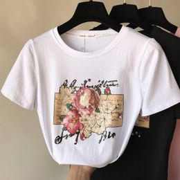 Women Cotton Tshirts Pearl Appliques 3D Beading Female Tee Tops Floral Print Short Sleeve O Neck Summer Casual Elegant Cosy 210518