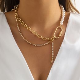 Unique Vintage Asymmetry Pearl Choker Necklace for Women Wedding Bridal Kpop Crystal Tennis Chain Jewelry Accessories