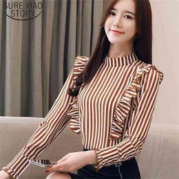 Spring Autumn Stand Women Tops and Blouse Fashion Striped Long Sleeve Chiffon Stitching Clothes 6559 50 210506