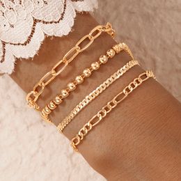 4pcs/sets Bohemian Beaded Bracelets for Women Punk Thick Chain Hollow Geoemtry Alloy Metal Adjustable Jewellery