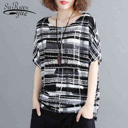 plus size women blouse shirt batwing sleeve summer ladies tops print striped chiffon blusas 0275 40 210521