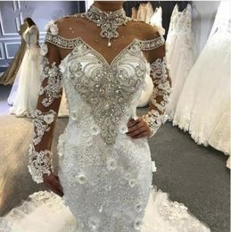 Bridal Gown Luxury Mermaid Arabic Dubai Wedding Dresses 2022 High Sheer Neckline Major Beading Crystals Illusion Long Sleeves Lace Up Back