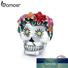 BAMOER Halloween Collection 925 Sterling Silver Flower Skull Charms Colorful Enamel Beads fit Women Bracelets DIY Jewelry SCC888 Factory price expert design