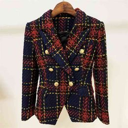 HIGH STREET est Designer Jacket Women's Lion Buttons Double Breasted Slim Fitting Plaid Tweed Blazer 210521