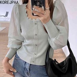 Women Sweater Summer Korean Chic Temperament Wavy Side Square Collar Slimming Mesh Stitching Puff Sleeve Pullover 210514