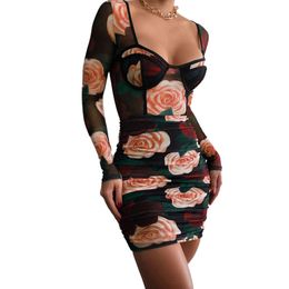 Jocoo Jolee Women Sexy Mesh Bodycon Dress Summer Elegant Rose Floral Print Tigh Wrap Dress Office Lady One Step Dress 210518