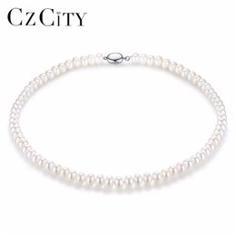 CZCITY 100% 925 Silver for Women 7-8mm Flawless Natural Freshwater Pearl Necklace Fine Jewellery Whole