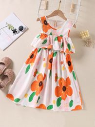 Girls Floral Print Ruffle Trim Dress SHE03
