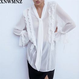 Korean Style Lace-Up Bow Solid Sweet Chic Tops Pullovers Cute Women Office Lady Flare Sleeves Ruffles Blouses 210520