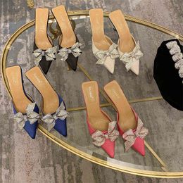 Slippers Rhinestones Bowknot Pointed Toe Thin Heels Mules Women Party Wedding Shoes Summer Ladies Sexy Elegant Slides 220308